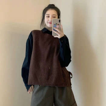 Sweater Vest Kvinder Fast Side-slids, Casual Løs Søde Trøjer Dame Forår Alle-match Designet koreansk Stil O-hals Outwear Ny
