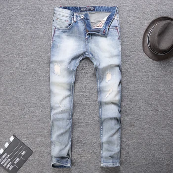 Italian Style Fashion Men Jeans Slim Fit Light Blue Ripped Jeans Men Vintage Designer Denim Pants Streetwear Hip Hop Jeans Homme