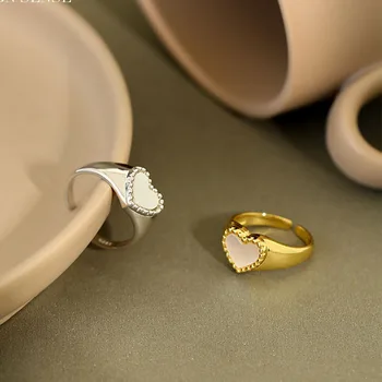 Shell hjertet signet ring for kvinder 925 sølv elegant luksus åbne justerbar ring smykker, guld farve