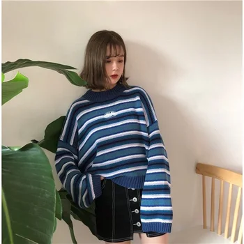 Koreansk Kvinde Harajuku Tøj Til Kvinder Løs Vilde Stribet Studerende Sweater Kvinder Trøjer Kawaii Ulzzang Jumper, Pullover