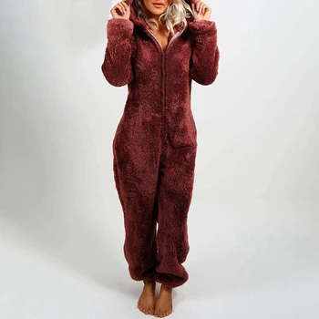 Kvinder er Bløde Buksedragt Fall Winter Varme Pyjamas Fluffy Fleece Romper Nattøj Samlede Hætte Lynlås Ene-Dragter Plus Størrelse