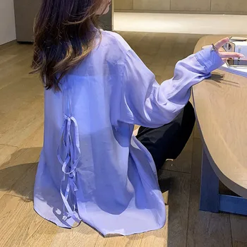 2020 Sommeren Solid Farve snøre Toppe Mid-længde Niche Designer Bluse Kvinder Japan koreansk Stil Efteråret Kvindelige Casual Skjorter