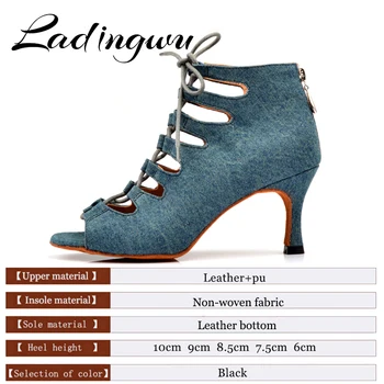 Ladingwu Latin dance sko til Kvinder, Denim Blå Dans støvler bred tynd, høj hæl på 10-6cm Salsa Ydeevne, Balsal Dans Sko