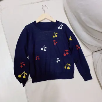 Forsalg November 15 børn, tøj, efterår og vinter Søde kirsebær mønster strikket pullover sweater Besætning hals sweater