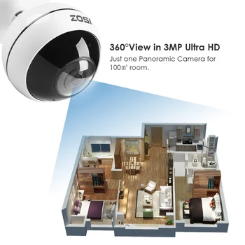 ZOSI Trådløst IP-Kamera WiFi Panorama Hd Video Overvågning Kamera 3MP Ultra HD Fuld 360 Graders Udsigt Angel VR CCTV Kamera