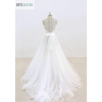 Hvide Blonder, Tyl Ærmeløs brudekjolen gulvlange A-line Wedding dress Kapel Tog Custom made