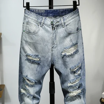Ny mænds lyse ripped jeans, tynde fødder flået knæ rippet hip hop, street fashion jeans denim bukser