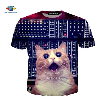 Plads Cat Spille Klaver Pizza Musik 3D-Print Mænd er T-shirts Kvinder Casual T-shirt til Sommeren Tshirt Pullover Streetwear Tøj