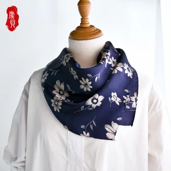 Navy blå ægte silke tørklæde kvinder trykt daisy lille torv 50x50cm hoved tørklæder naturlig silke sjal hals wrap gave til dame pige