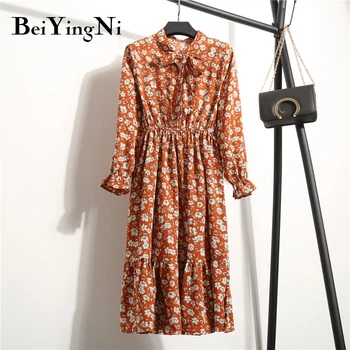Beiyingni 24 Farver Kvinders Kjole Blomstret Print Chiffon Fritids-Mode Slanke Elegante koreansk Stil Chiffon Lang Part Smarte Kjoler