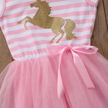 Ny Mode Unicorn Baby Piger Prinsesse Kjole Stribet T-Shirt Uden Ærmer Party Bryllup Tutu Tyl Kjoler
