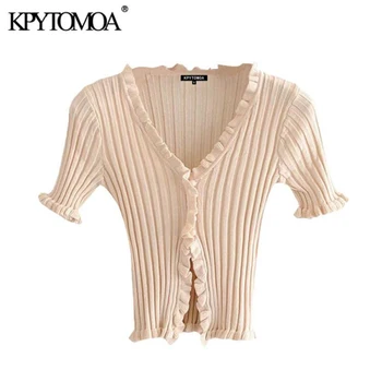 KPYTOMOA Kvinder 2020 Sød Mode Pjusket, der er Beskåret, Strikkede Cardigans Sweater Vintage V Hals Elastisk Kvindelige Overtøj Smarte Toppe