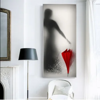 Sexet Pige Bag Glas Med Rød Paraply Fashion Kvinder Lærred Maleri Kunst På Væggen, Plakater Og Prints Moderne Hjem Decor Billeder