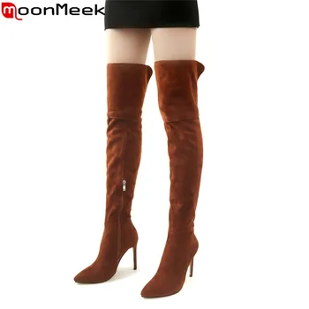 MoonMeek 2020 hot salg ny over knæet støvler kvinder spids tå zip thight højde støvler tynde høje hæle støvler damer sko