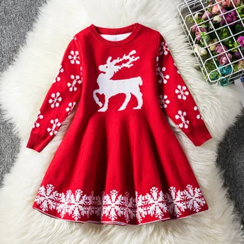 Børn Kjoler Efterår Og Vinter Baby Pige Med Lange Ærmer Deer Snefnug Print Jul Sweater Kjole Prinsesse Vestidos Børn Tøj