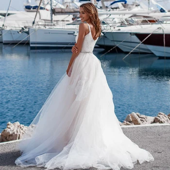 Elegant Bryllup Kjoler 2020 Lace Applique A-line Brudekjole V-hals Vestido de Noiva Beaded Tyl Robe de Mariee