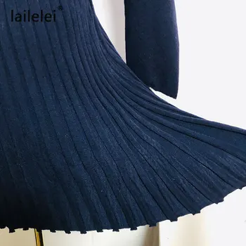 Blue Pearl Knapper Revers Lange Ærmer Strikket Kjole Vintage Foråret Efteråret Nye Korea Smarte Bodycon Plisseret Nederdel Elegante Vestidos