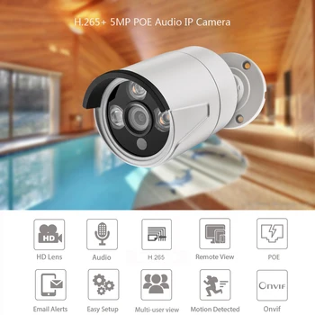 AZISHN H. 265+ 5MP POE IP-Kamera 2592X1944 Udendørs Video Face detection-3IR Array LED CCTV Sikkerhed ONVIF for POE NVR-System