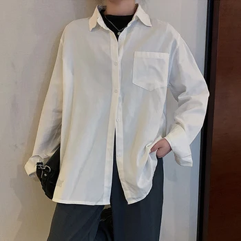 2021 Spring Nye Kvinder Vintage Solid Oversize Bluse Turn-Down Krave Efteråret Hvid Skjorte-Knap Op koreanske Basic Toppe T0O704F