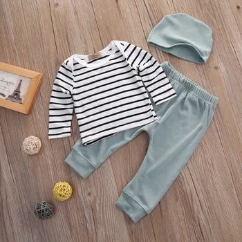 2019 Mode Spædbarn Baby Pige Tøj Sæt 3STK Passer Stribe T-shirt+Bukser+Hat Nyfødte Baby Tøj Outfits 0-24M