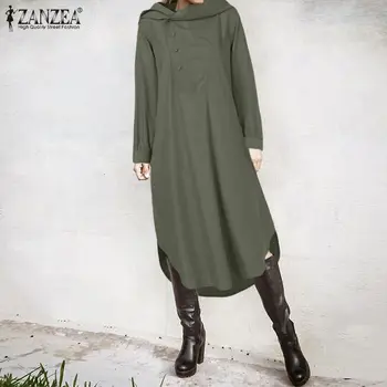 2021 ZANZEA Kvinder Sundress Mode Efteråret Hætte Trøjer med Lange Ærmer Kjole Kaftan Robe Femme Knapper Shirt Vestidos Plus Størrelse