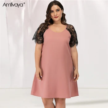 Amtivaya Plus Size Kjole Til Kvinder Sommeren 2020 Elegante O-Hals Chiffon Blonde Korte ærmer Party Dress Nat Elegant Pink
