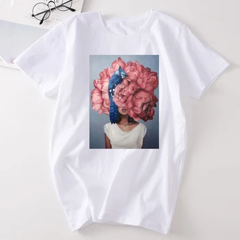 Ny Bomuld, Blød Løs Hot Salg T-shirt-Sexet Blomster, Fjer Print Kort Ærme Toppe & t-Shirts Mode Afslappet Par, Kvinder T-Shirt