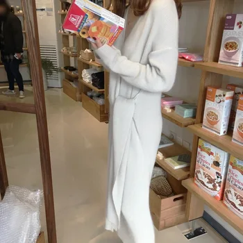 2020 Koreanske Belted Lang Sweater Dress Kvinder Solid Afslappede Bløde Cashmere Kjole Kvinde, Elegant V-Hals Lange Ærmer Kjoler