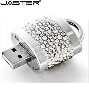 JASTER personlig kreative smykker, krystal, rhinsten lås usb-flash-drev, 32gb, 64GB usb 2.0 diamant halskæde pendrive gave