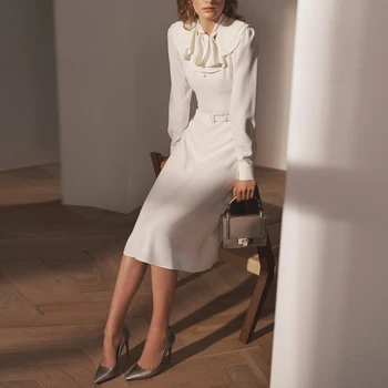 Vintage Hvid Sløjfe med Lange Ærmer Midi Kjoler Til Kvinder 2020 Efteråret Damer Elegant A-line Slank Kontor Kjole Med Vinger