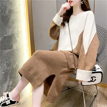 Sweater strikket dragt med skørt For Kvinder Outfits koreanske Version Løs Kvinders Strikket To-delt Sæt vinter strik sæt