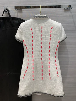Landingsbane Fashion Tweed Kvinder Mini Kjole Sommer High-end Stel Enkelt Breasted Hvide Kort Revers er af Silke Foring Kjoler