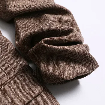 BIAORUINA Kvinder Vintage Tweed Smarte Blazer Hak Krave Plisserede Ærme Kontor Dame Casual Mode Blazer jakke med Lommer