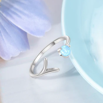 Ægte 925 Sterling Sølv Round Blå Opal Ring for Kvinder Justerbar Åben Ring i Sølv 925 Smykker Bryllup Gave (Lam Hub Fong)