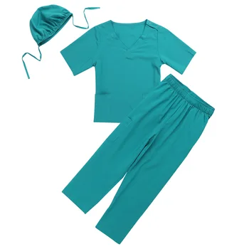 Børn Unisex-To-stykke Lab Kirurg Uniform Toppe med Bukser Cap Sæt Drenge Piger Halloween Fest Rollespil Læge Sygeplejerske Kostume