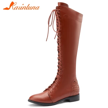 Karinluna 2020 Stor Størrelse 48 kvinder sko Casual-Cross-bundet Rund Tå med Fladskærms Knæ Høje Kort Bløde Kvindelige Støvler