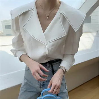 Comelsexy Ins koreansk Stil Enkle Stil Turn-down Krave Shirt Til Damer Solid langærmet Kvinders Toppe Smarte Kvindelige Bluser