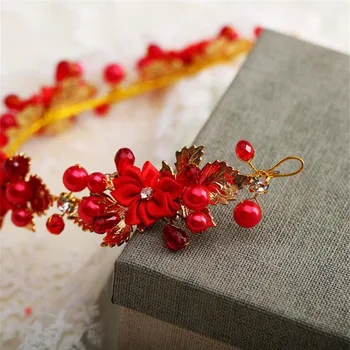 MHS.SOLEN Rød Farve brude hårbånd crystal tiaras bryllup hår tilbehør perler, blomst kroner pandebånd guld farve TN1027