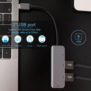Basix Type C-HUB USB-C Til HDMI 4K-Hub USB 3.0 Adapter PD Opladning Port til MacBook Pro Samsung Galaxy S8 Huawei P20 Usb-C-Hub