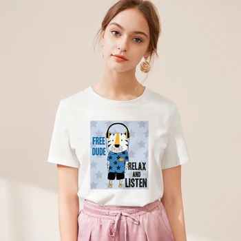Musik kat og hund Print personlighed Harajuku T-shirt Kvinder 2019 Nye Tshirt O-hals kortærmet Hvid T-shirt, Toppe Kvinde Tøj