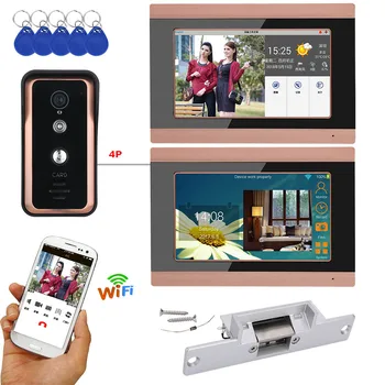 2 Skærme på 7 tommer Kablede / Trådløse RFID-Video Dør Telefon Dørklokken Intercom System med El-Strejke, Lock-AHD 720P Kamera
