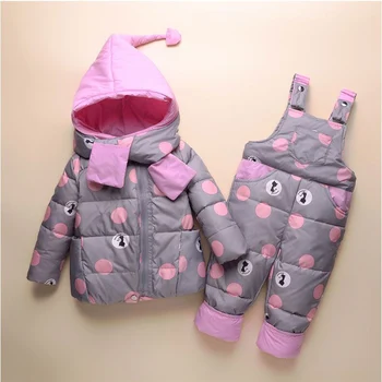 Pige baby tøj vinter spædbarn baby pige tøj sæt varm buksedragt hofteholder bukser+duck ned frakke sne bære barn flyverdragt
