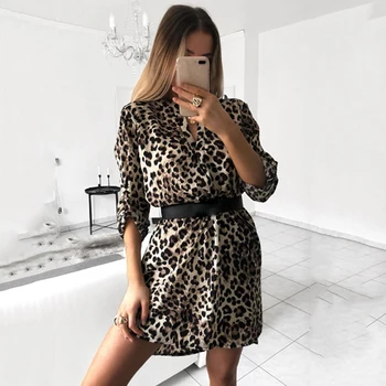 Sexy-v-hals Kort Mini Party Dress Kvinder Mode Leopard Print Slank med Lange Ærmer Club Vestidos Uden Bælte Wypadki