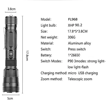 Super Lyse XHP90.2 Vandtæt Lommelygte Torch 26650USB Genopladelige LED-Handlight Shocker Til selvforsvar Med Sikkerhed Hammer