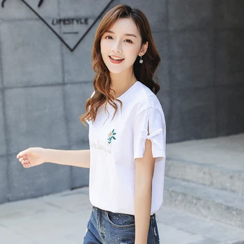 Koreansk Modetøj Afslappet Sommer Ladies Løs Skjorte kortærmet O-neck Shirt, Toppe Bomuld Skjorte Broderi Toppe 4848 50
