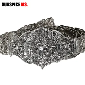 SUNSPICE-MS Kaukasus Retro Gammel Sølv Metal Bælte til Kvinder, Etniske Bryllup Smykker Crystal Krop Talje Kæde Justerbar Længde