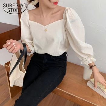 Koreanere Smarte Bluse Kvinder Sexet Firkantet Krave Puff Ærmer Til Damer Blusa Hvide Skjorter Forår 2020 Mode Afslappet Overdele 10165