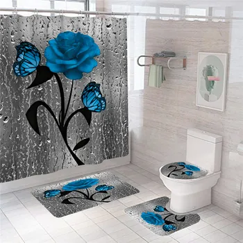 Blå Blomst Butterfly Badeværelse, Non-slip Mat Sæt Holdbar Vandtæt badeforhæng Piedestal Tæppe Låg Toilet Dække bademåtte Tæpper
