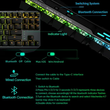 Machenike K7 Mekanisk Tastatur Trådløst tastatur 87 taster Gaming Tastatur, Bluetooth 3.0 Sort Skifte Blå knap keybaord