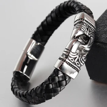 MODE Mænd Armbånd Sort Vintage Læder Armbånd i Rustfrit Stål Magnetisk Clips Armbånd Mandlige Hot Smykker Etniske Etniske